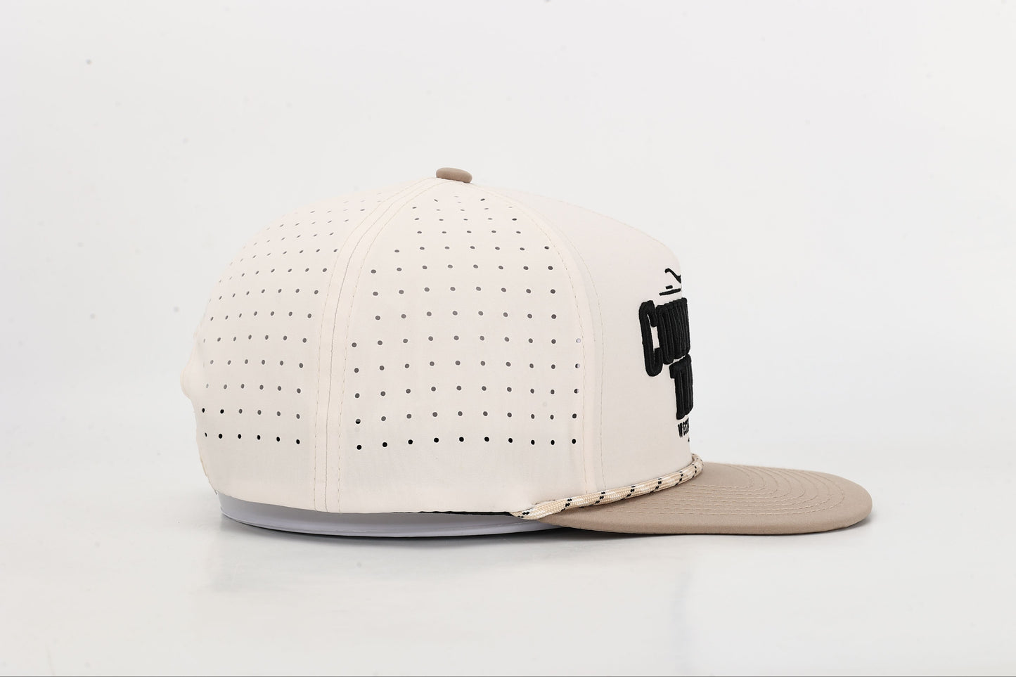 Beige and Brown cap with 'Cowpuncher Threads' logo in Black 3d Embroidery, Side View Left