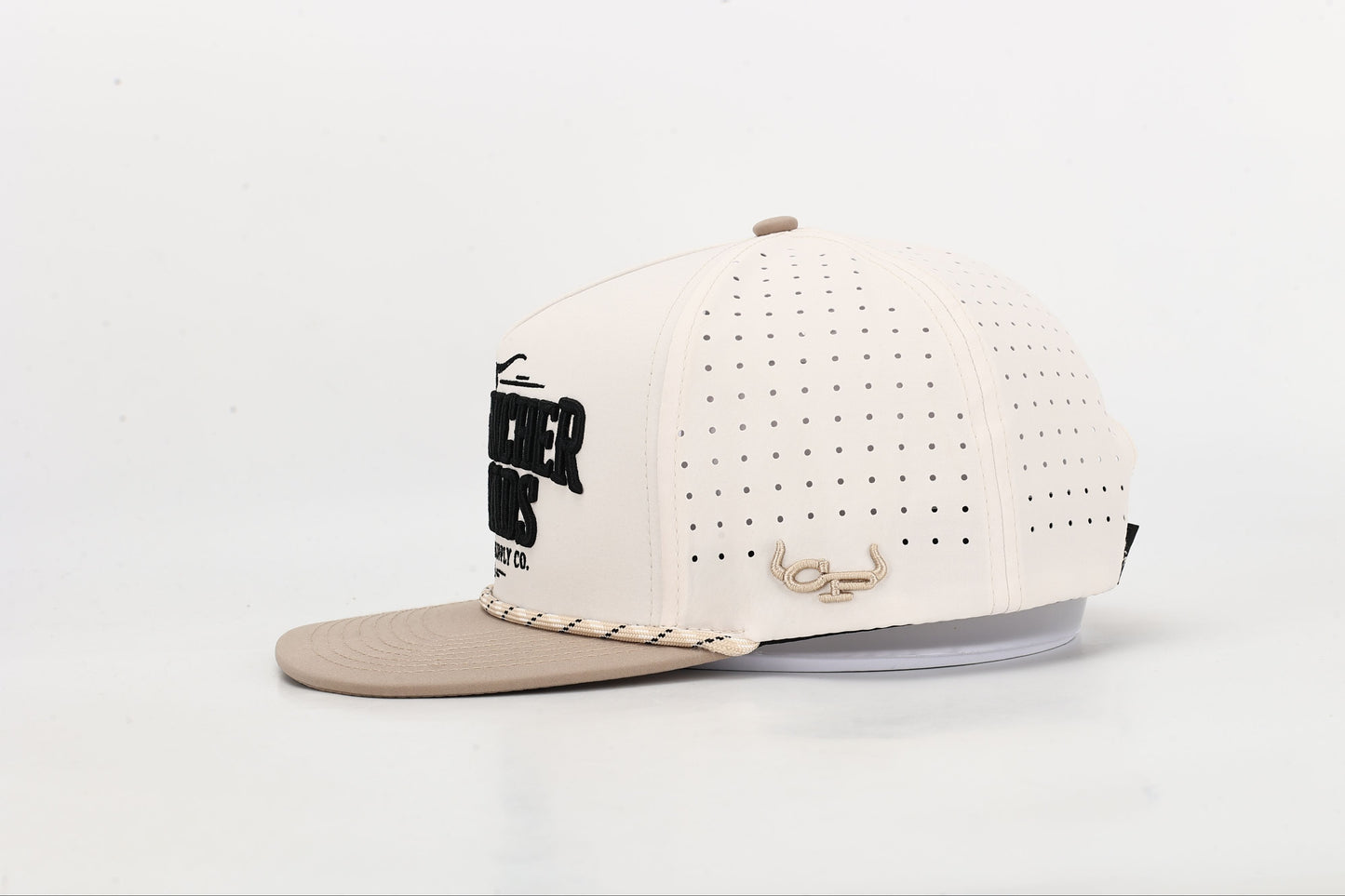 Beige and Brown cap with 'Cowpuncher Threads' logo in Black 3d Embroidery, Side View Right