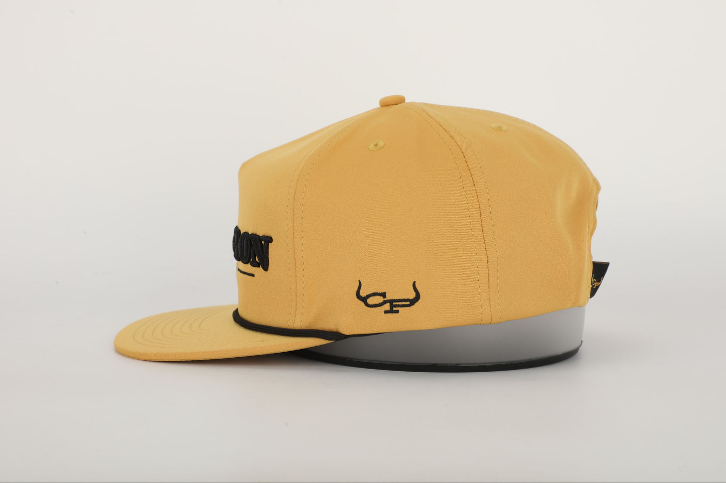 A mustard yellow snapback hat with 'BOURBON COWBOY' embroidered on the front. Right Side View