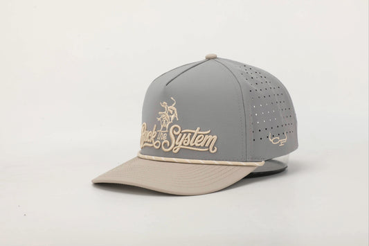 Gray and Beige cap with 'Buck the System' logo in Old Gold embroidery, Angled View.