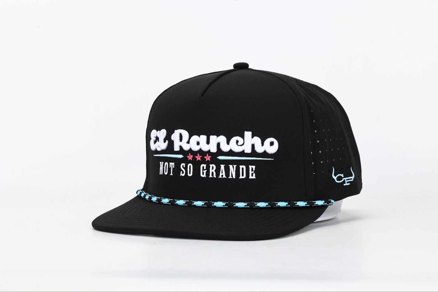 Black snapback hat with 'El Rancho Not So Grande' white, blue and pink embroidery on the front. Angled View