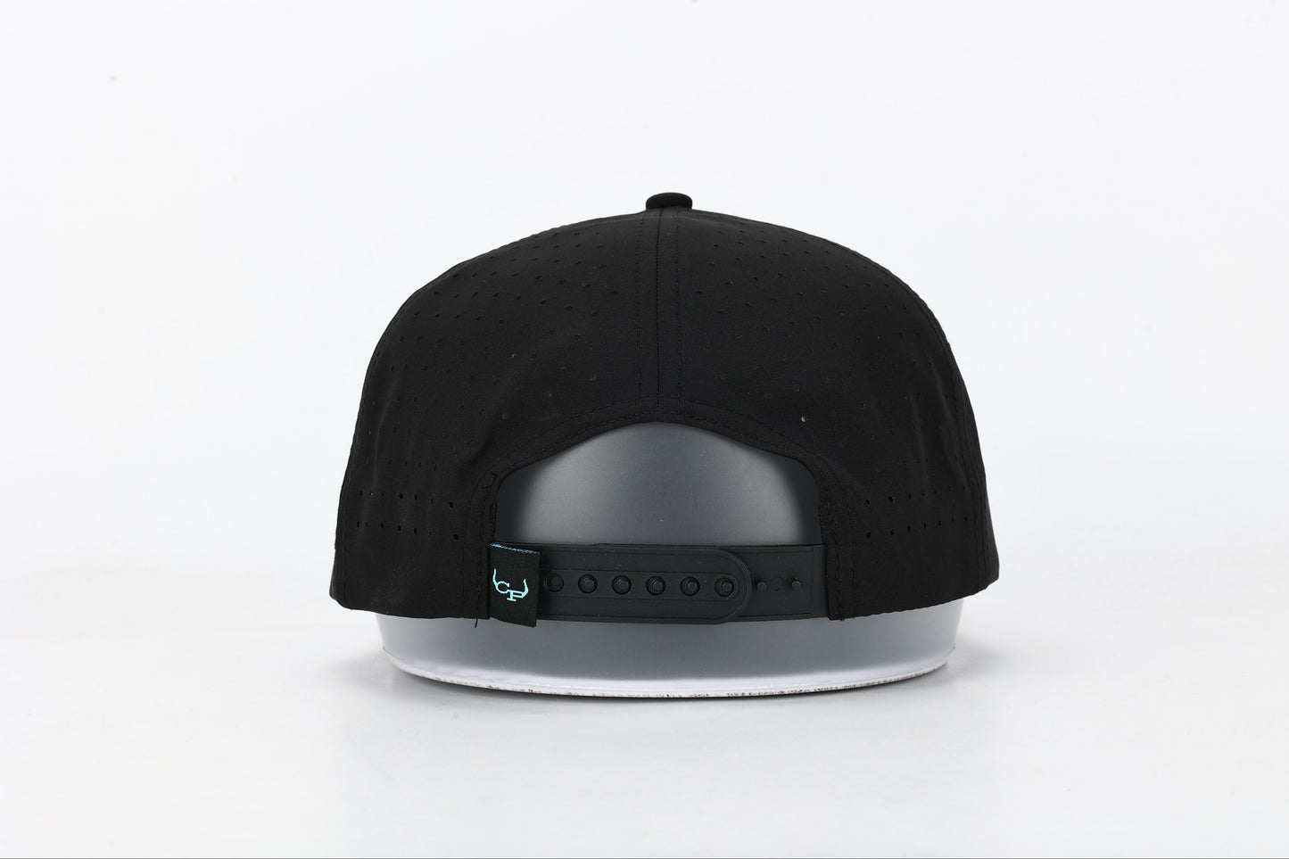 Black snapback hat with 'El Rancho Not So Grande' white, blue and pink embroidery on the front. Back View