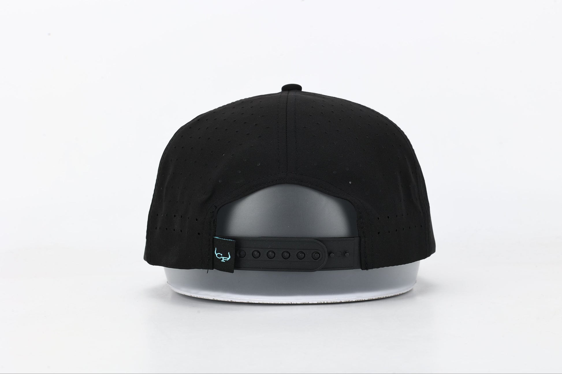 Black snapback hat with 'El Rancho Not So Grande' white, blue and pink embroidery on the front. Back View
