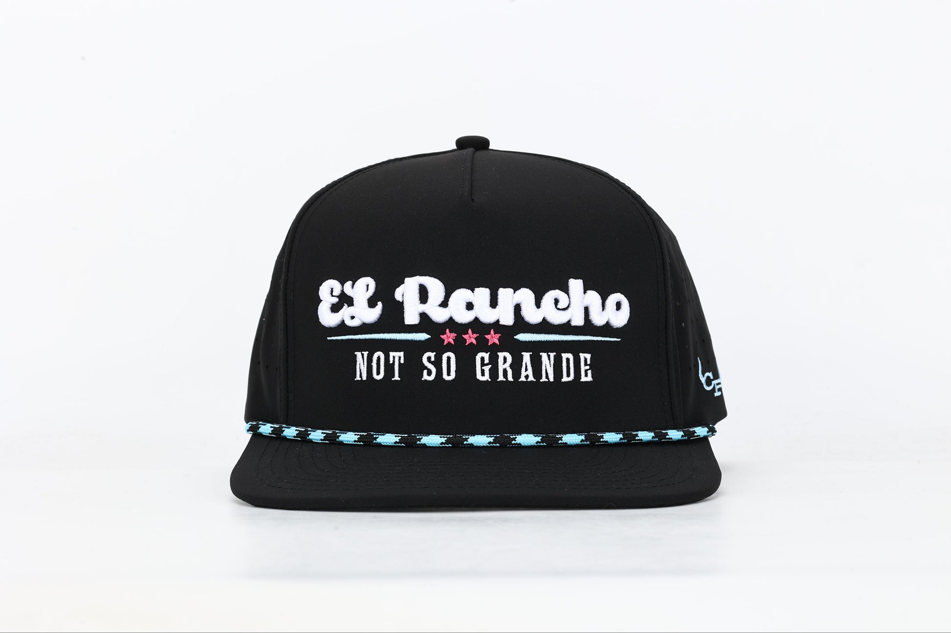 Black snapback hat with 'El Rancho Not So Grande' white, blue and pink embroidery on the front. Front View