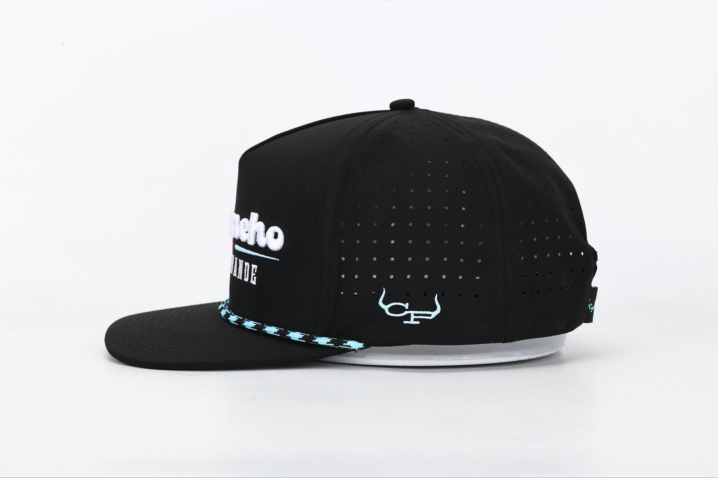 Black snapback hat with 'El Rancho Not So Grande' white, blue and pink embroidery on the front. Right Side View