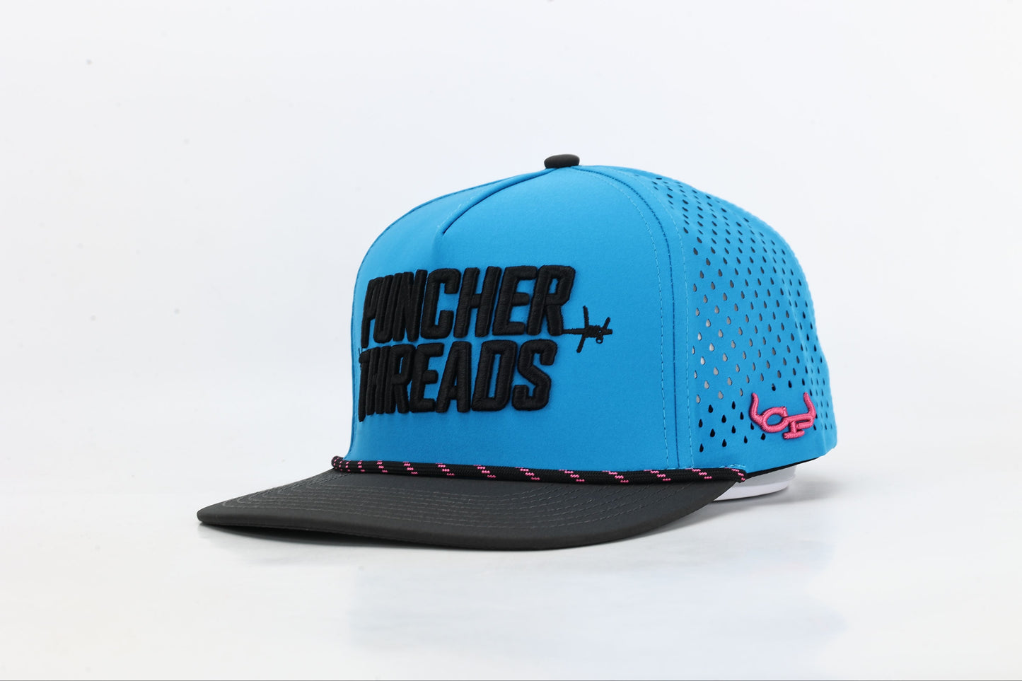 Blue and black cap with 'PUNCHER THREADS' In bold black embroidery with barbed wire accents, black and pink rope. Angled View