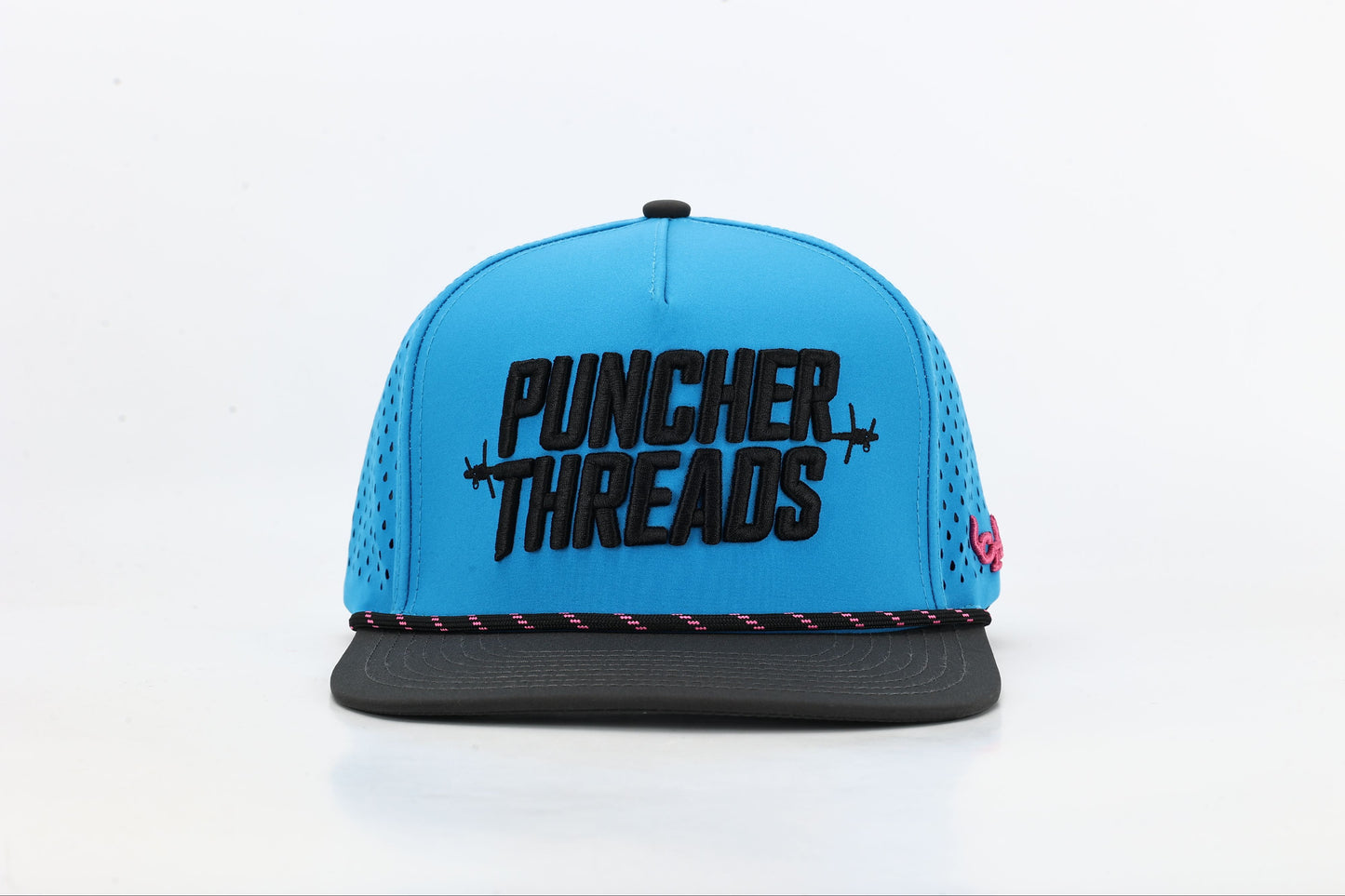 Blue and black cap with 'PUNCHER THREADS' In bold black embroidery with barbed wire accents, black and pink rope. Front View