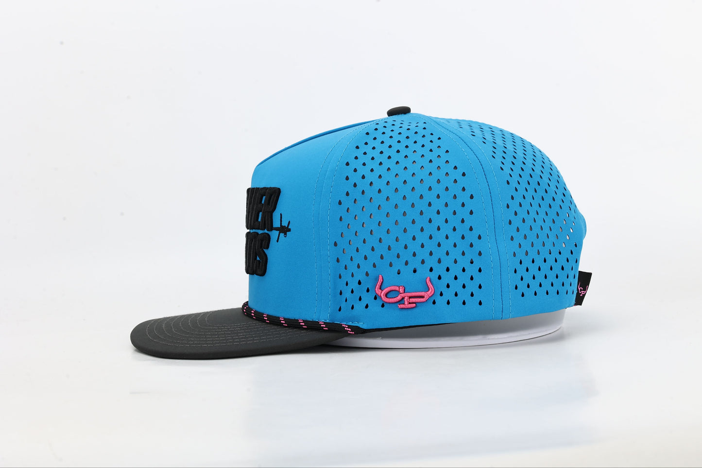 Blue and black cap with 'PUNCHER THREADS' In bold black embroidery with barbed wire accents, black and pink rope. Right Side View