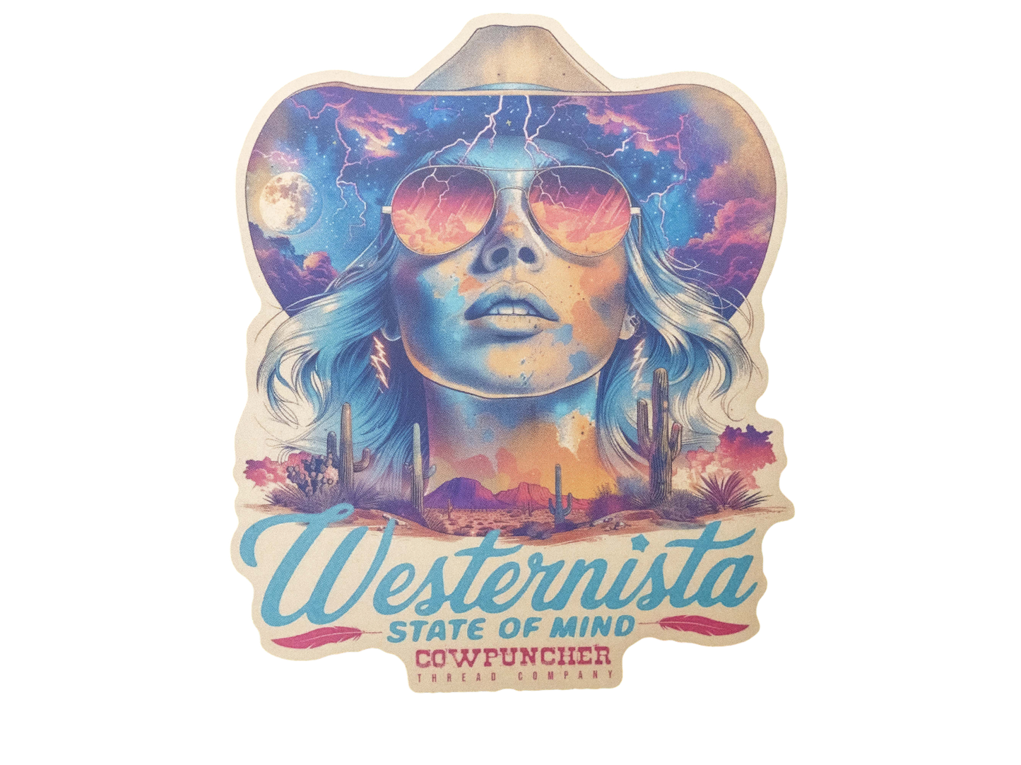 Sticker with a colorful design of a woman wearing a cowboy hat, sunglasses, and lighting bolt earrings with 'Westernista State of Mind' text.