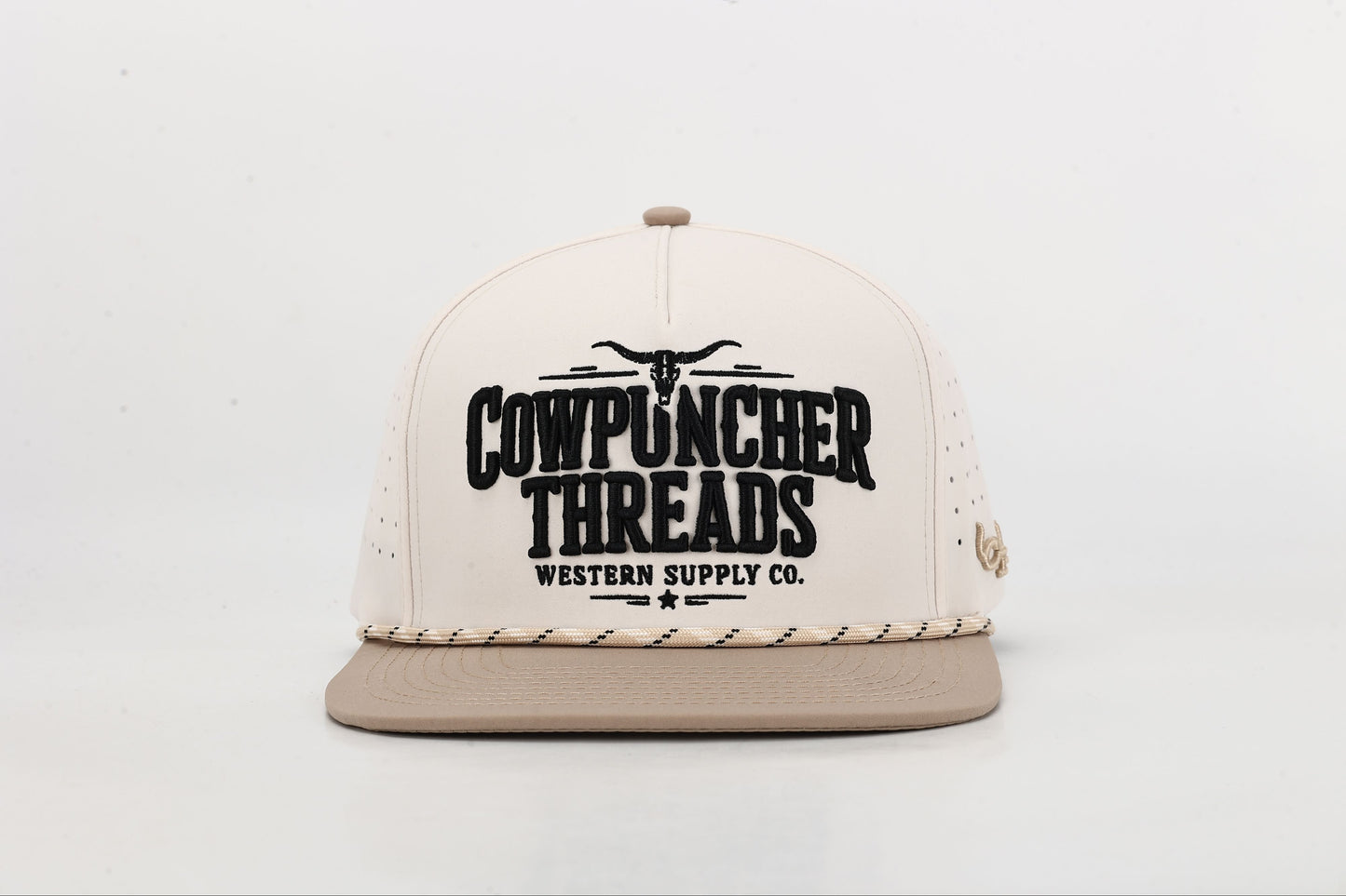 Beige and Brown cap with 'Cowpuncher Threads' logo in Black 3d Embroidery, Front View