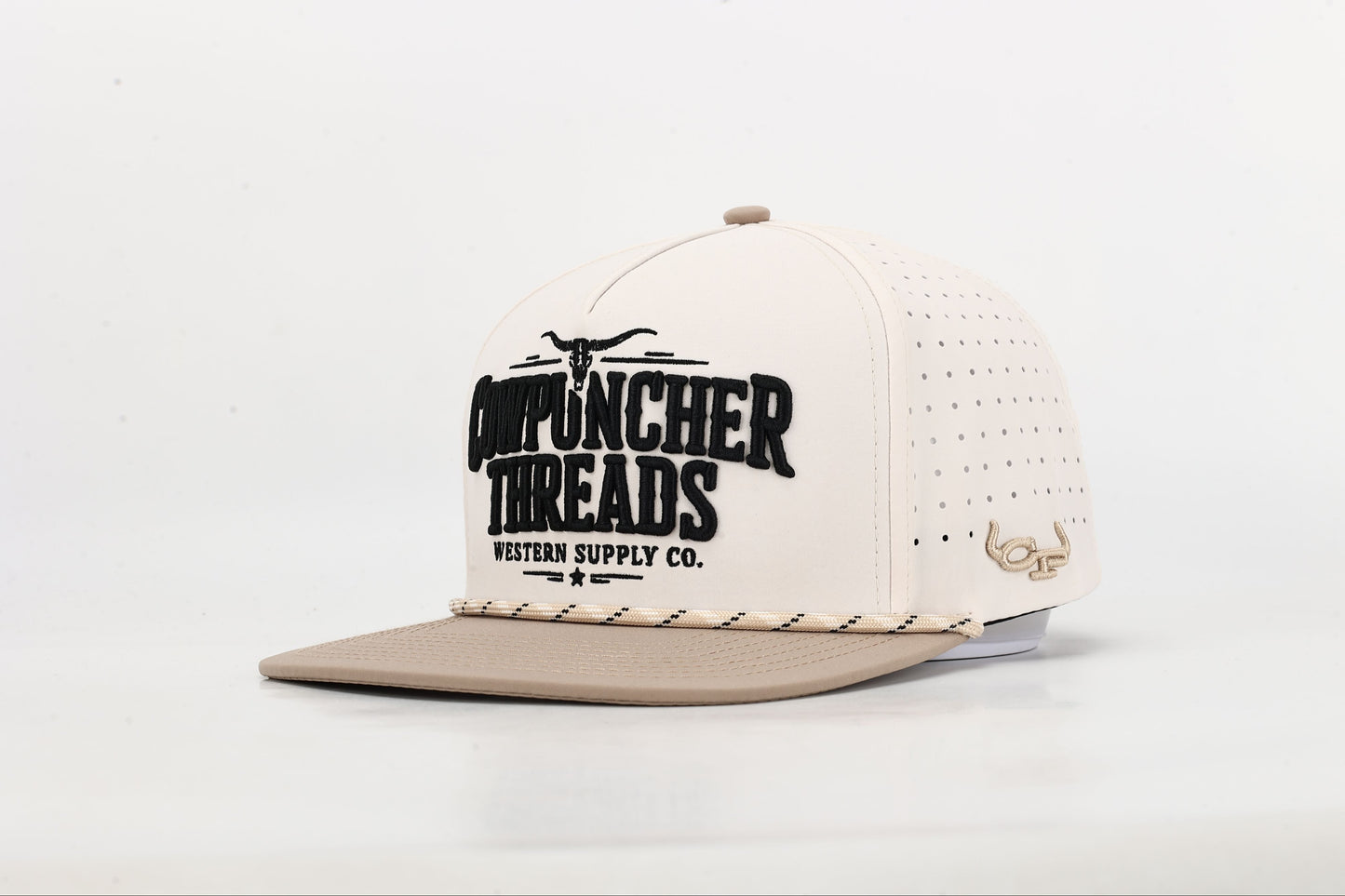 Beige and Brown cap with 'Cowpuncher Threads' logo in Black 3d Embroidery, Angled View