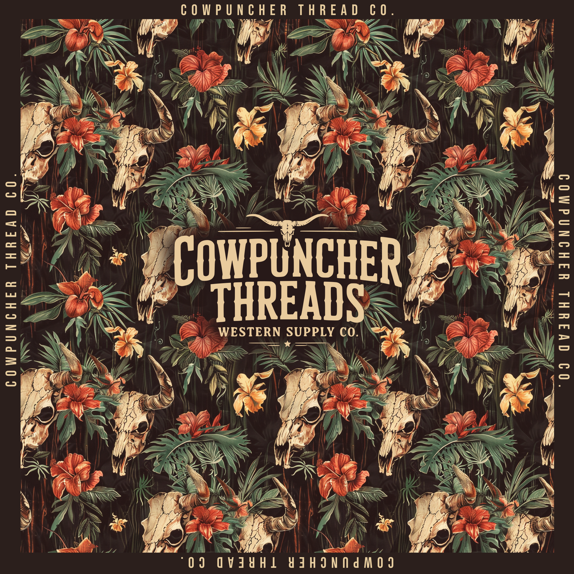 Wild Rag with Floral Hibiscus pattern with steer skulls, flowers, and leaves on a dark background with a Cowpuncher Thread Company Logo in the center.
