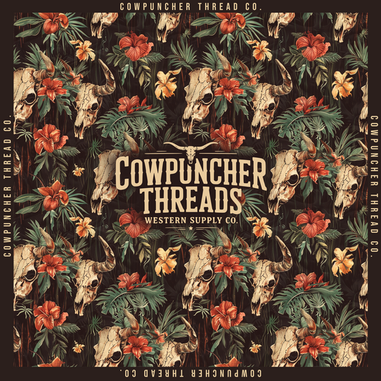 Wild Rag with Floral Hibiscus pattern with steer skulls, flowers, and leaves on a dark background with a Cowpuncher Thread Company Logo in the center.