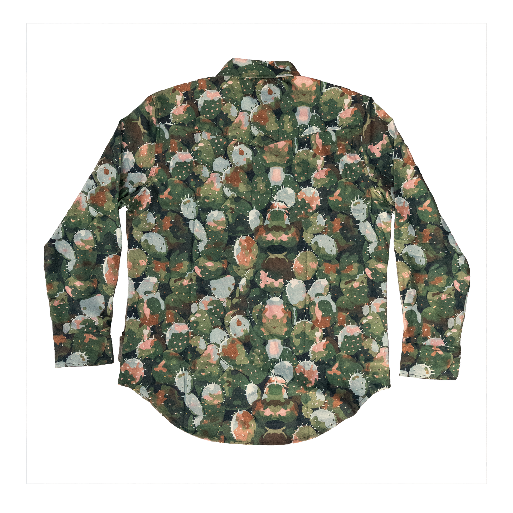 Back View, Long-sleeve pearlsnap shirt with a prickly pear cactus pattern on a transparent background