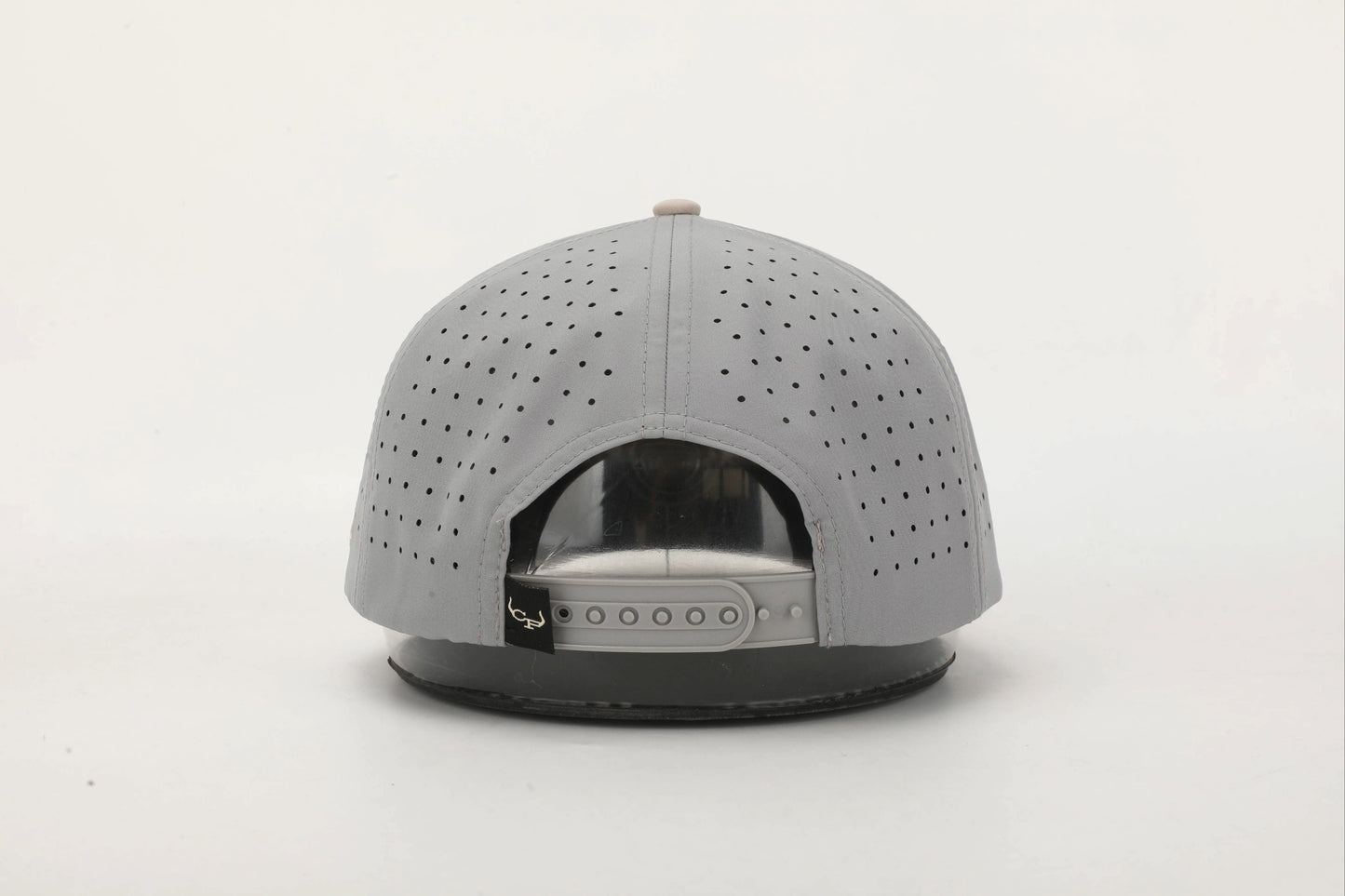 Gray and Beige cap with 'Buck the System' logo in Old Gold embroidery, Back View.