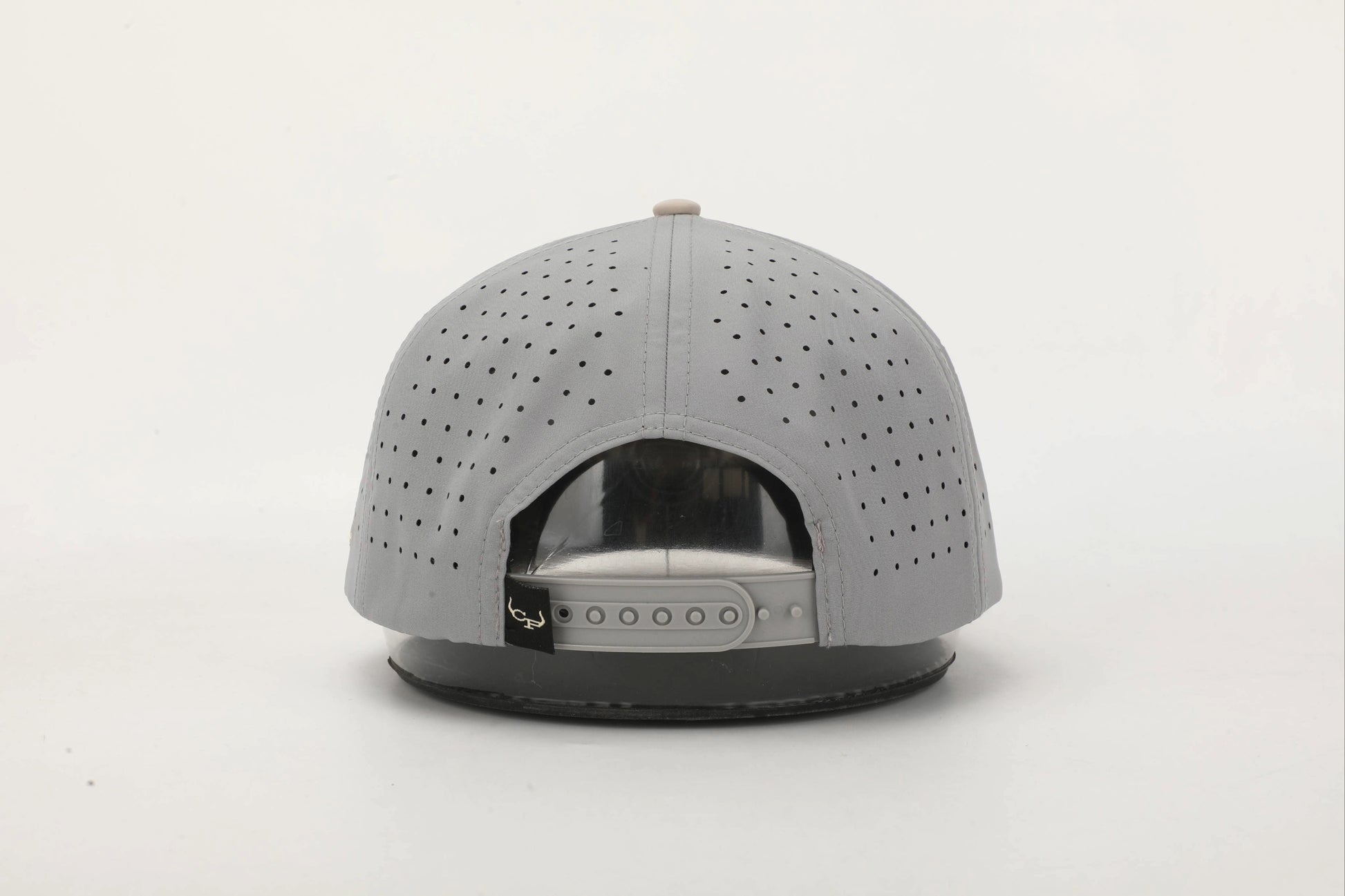 Gray and Beige cap with 'Buck the System' logo in Old Gold embroidery, Back View.