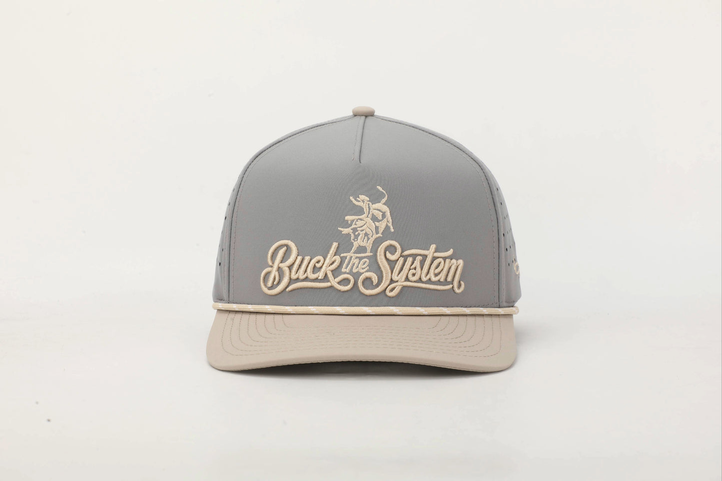 Gray and Beige cap with 'Buck the System' logo in Old Gold embroidery, Front View.