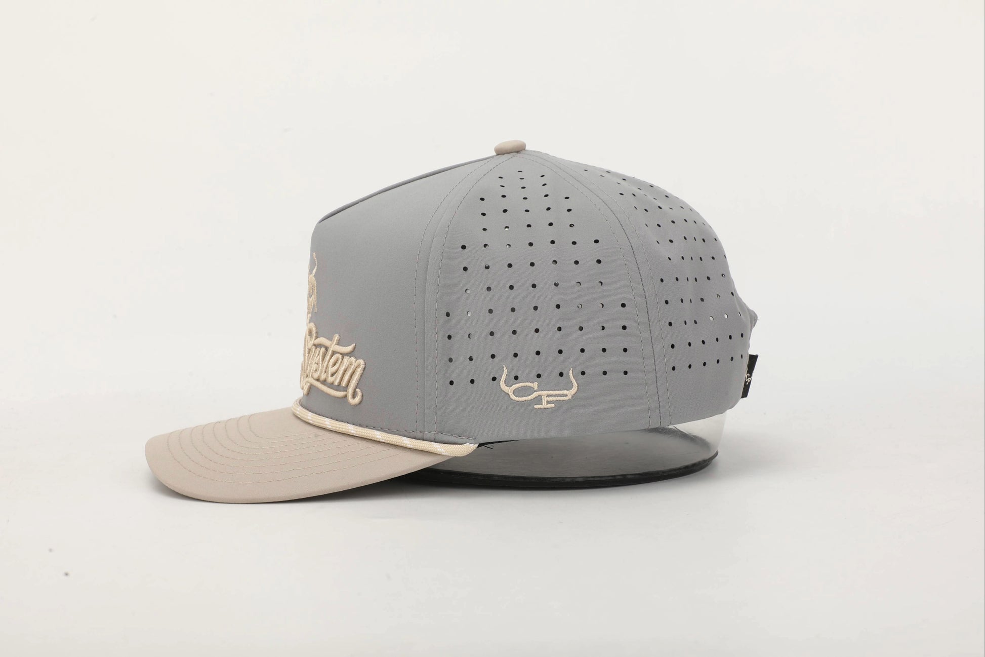 Gray and Beige cap with 'Buck the System' logo in Old Gold embroidery, Right Side View.