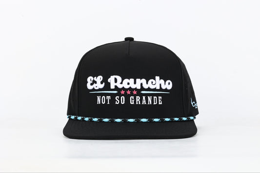 Black snapback hat with 'El Rancho Not So Grande' white, blue and pink embroidery on the front. Front View