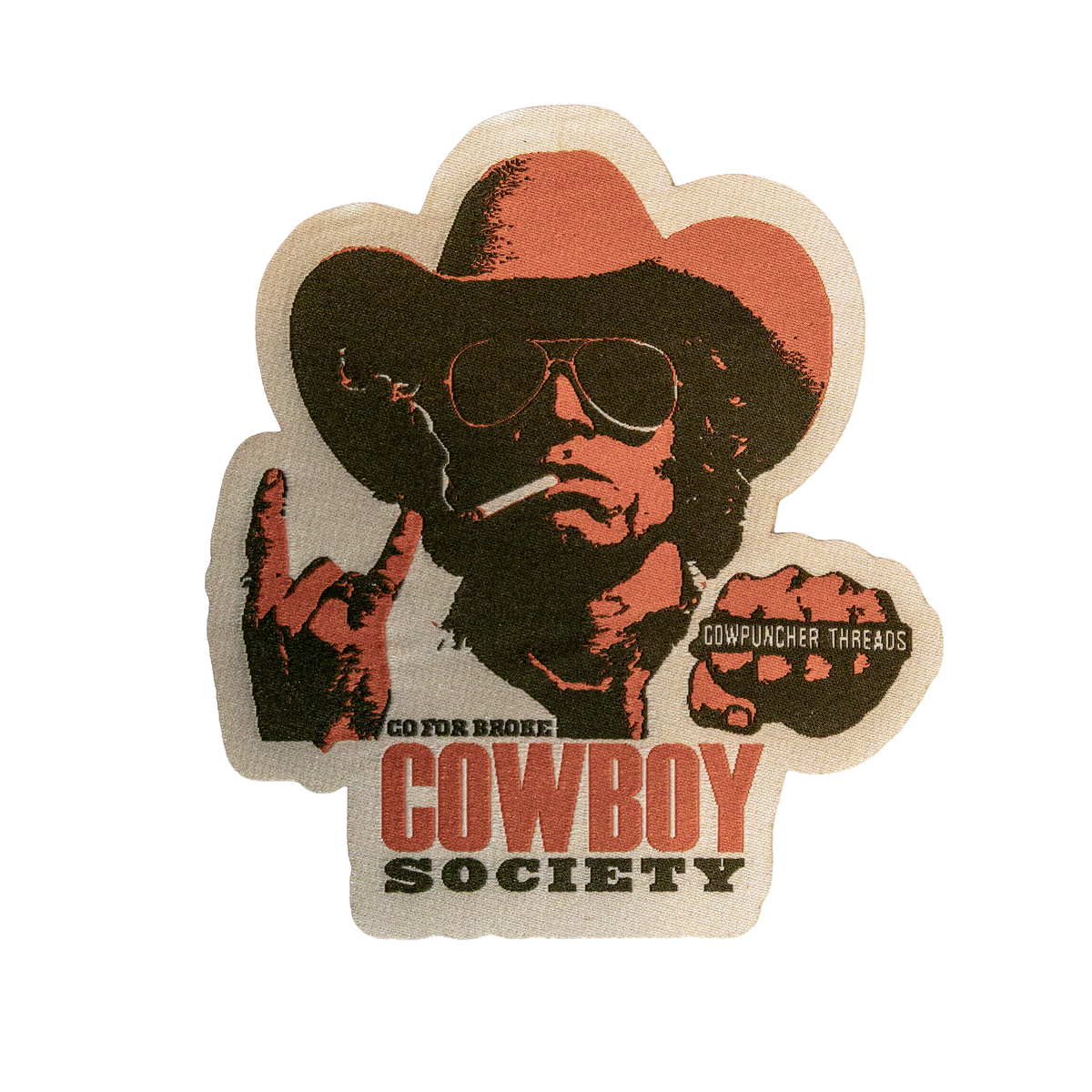Go For Broke Cowboy Society woven Western patch featuring a vintage outlaw cowboy with sunglasses, cowboy hat, and rust red and black artwork by Cowpuncher Threads.