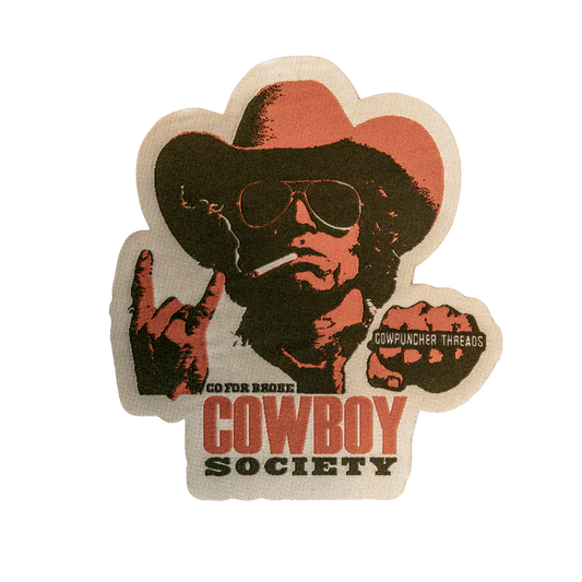 Go For Broke Cowboy Society woven Western patch featuring a vintage outlaw cowboy with sunglasses, cowboy hat, and rust red and black artwork by Cowpuncher Threads.