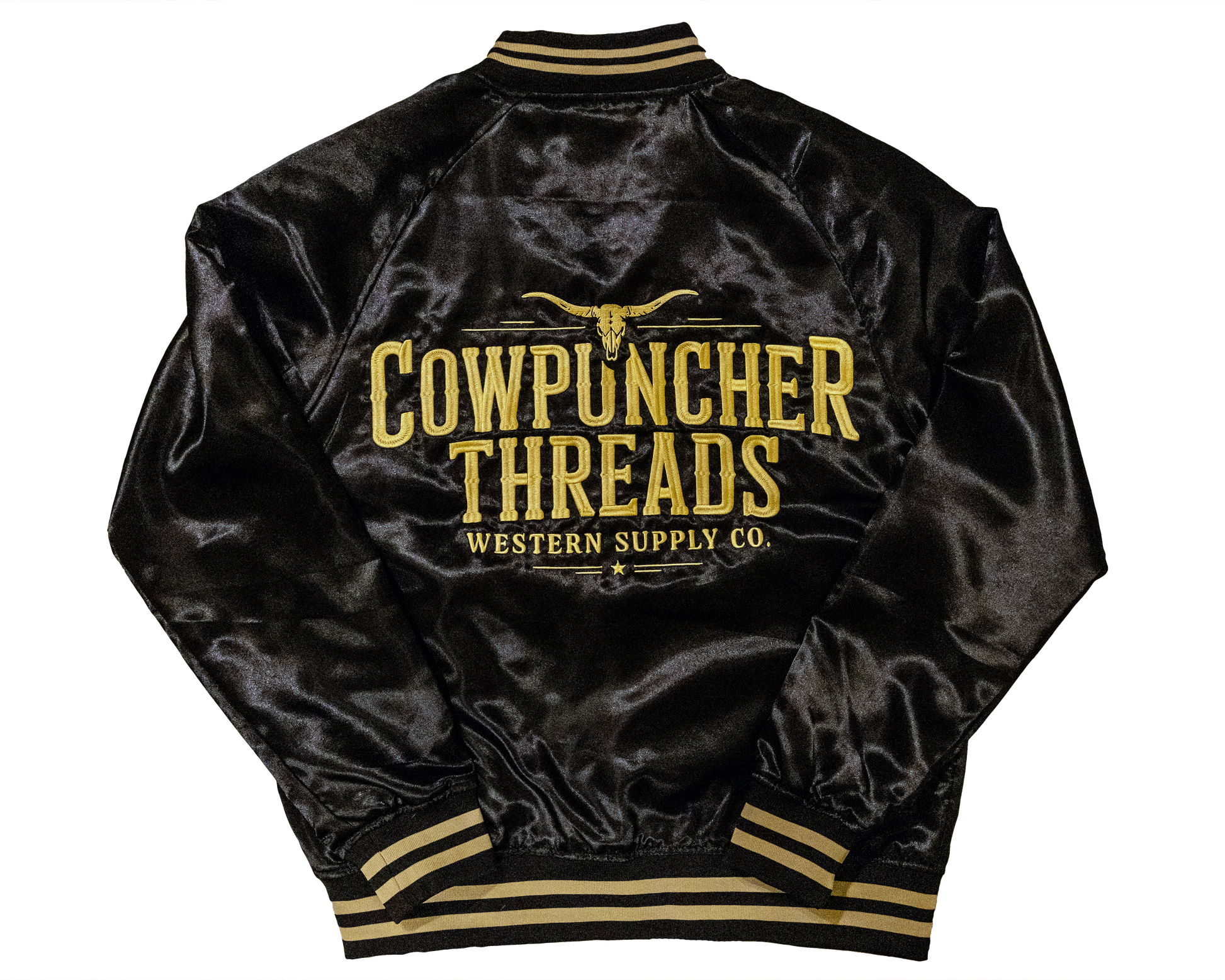 Black satin rodeo bomber jacket with 'Cowpuncher Threads' logo in gold embroidery on a transparent background.