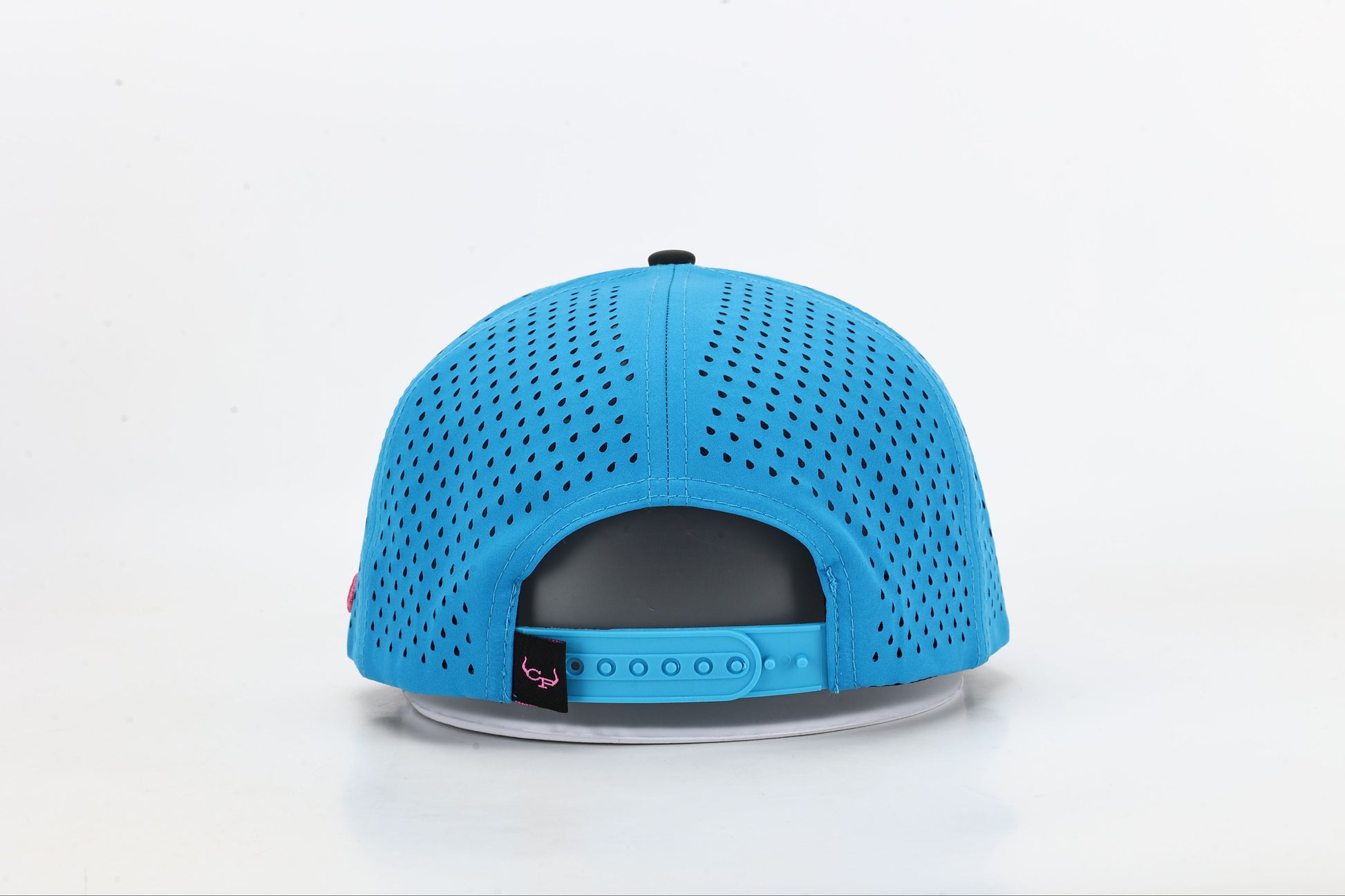Blue and black cap with 'PUNCHER THREADS' In bold black embroidery with barbed wire accents, black and pink rope. Back View