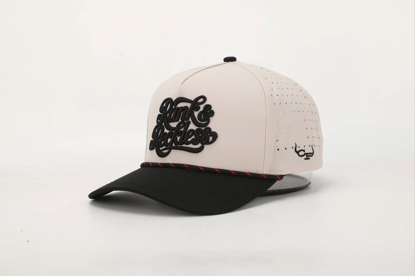 Beige and Black cap with 'Rank & Reckless' logo on the front with a Black and Red rope. Angled View.