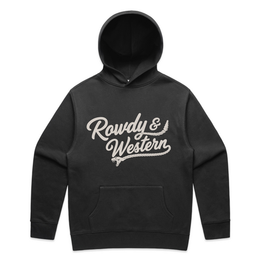 A black pullover hoodie with a front kangaroo pocket and a distressed white graphic reading 'Rowdy & Western' across the chest, shown on a plain white background.