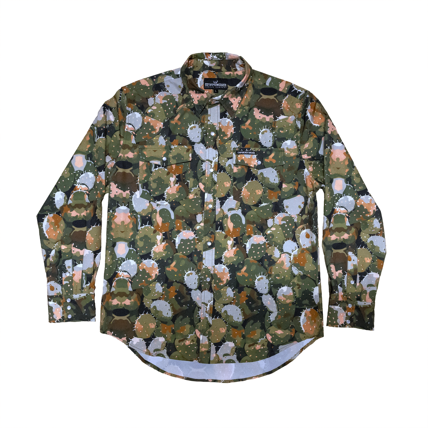 Front View, Long-sleeve pearlsnap shirt with a prickly pear cactus pattern on a transparent background