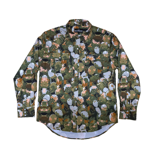 Front View, Long-sleeve pearlsnap shirt with a prickly pear cactus pattern on a transparent background