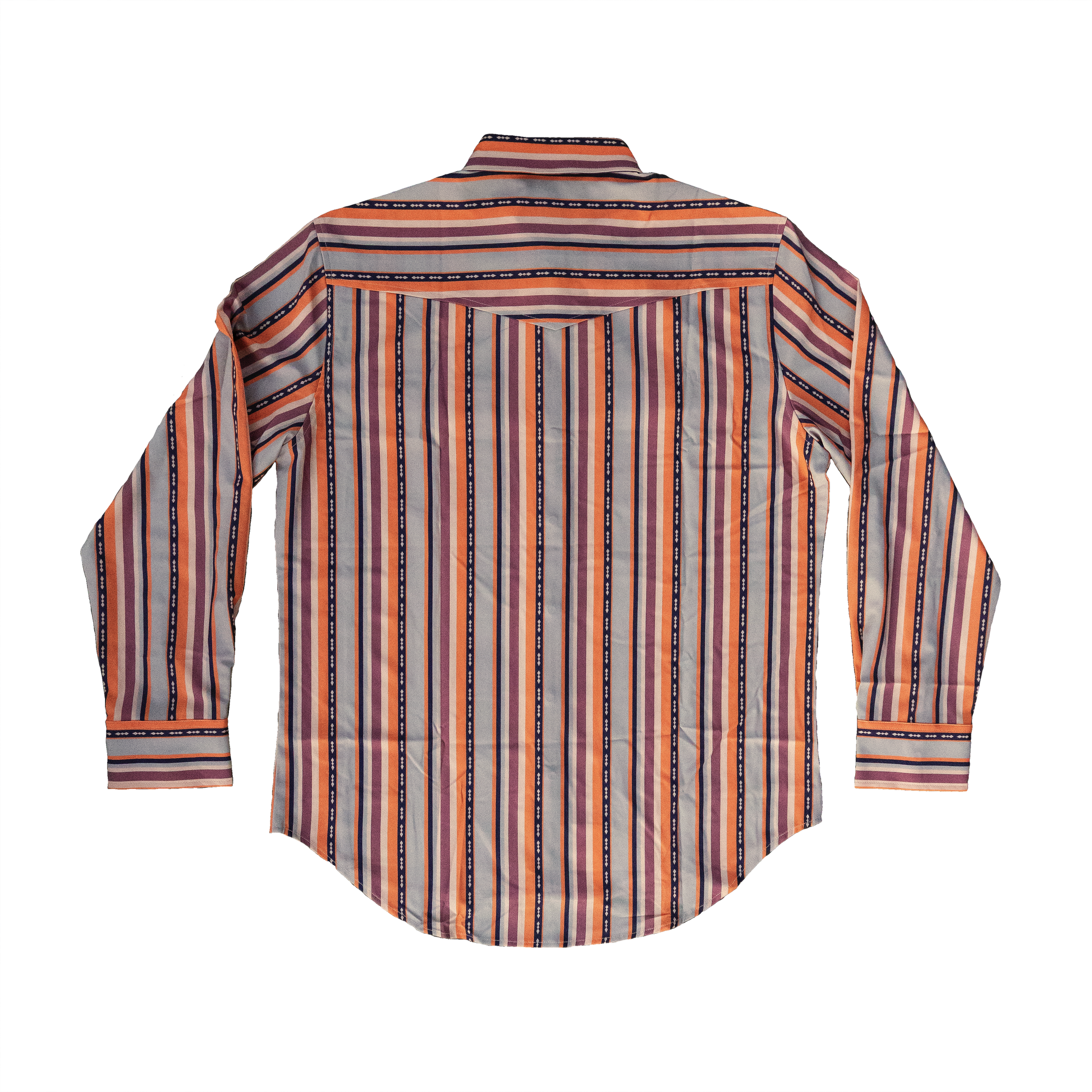 Back View, Long-sleeve pearlsnap shirt with a classic brushpopper style pattern on a transparent background