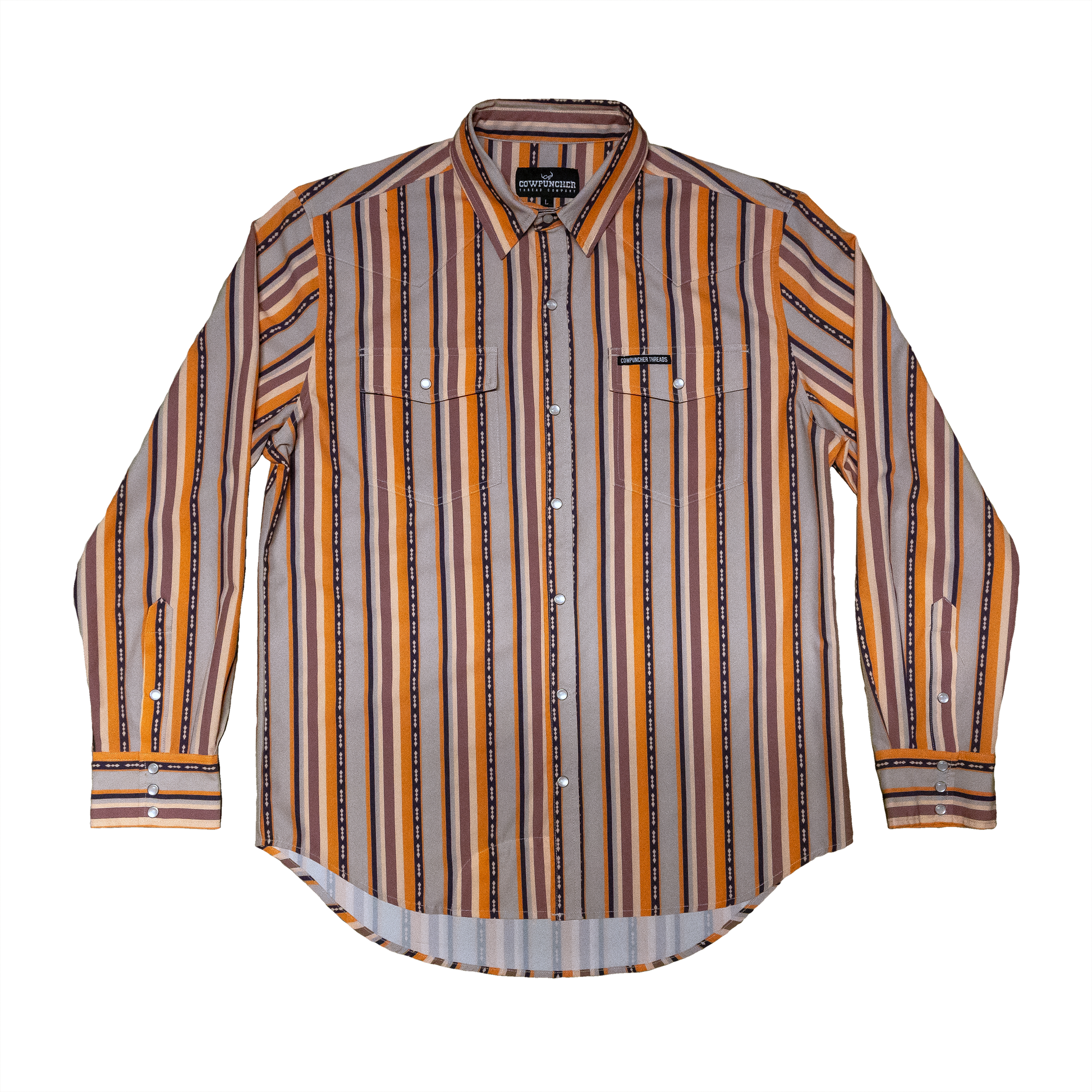 Front View, Long-sleeve pearlsnap shirt with a classic brushpopper style pattern on a transparent background
