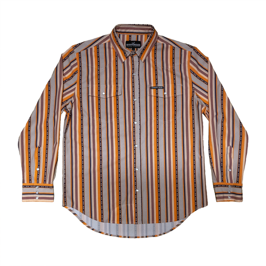 Front View, Long-sleeve pearlsnap shirt with a classic brushpopper style pattern on a transparent background