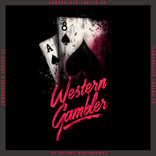 Wild Rag with two playing cards and 'Western Gambler' text on a dark background, featuring the brand 'Cowpuncher Thread Co'.