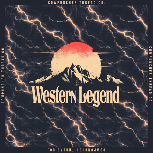 Wild Rag with Vintage-style graphic with Mountains, Red sun, and 'Western Legend' text on a dark background with lightning effects.