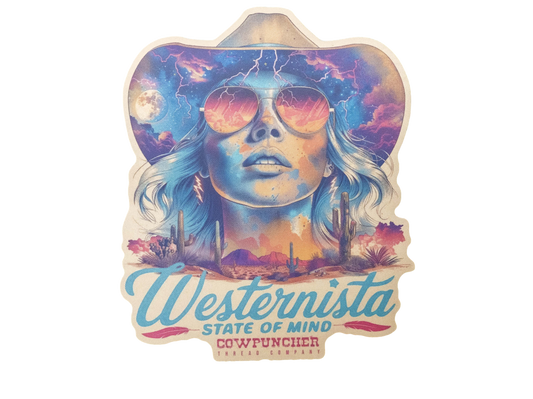 Sticker with a colorful design of a woman wearing a cowboy hat, sunglasses, and lighting bolt earrings with 'Westernista State of Mind' text. 