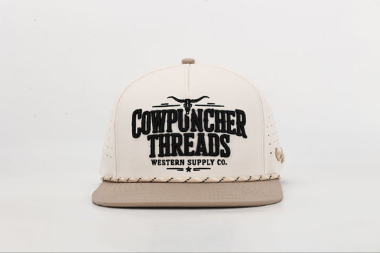Beige and Brown cap with 'Cowpuncher Threads' logo in Black 3d Embroidery, Front View